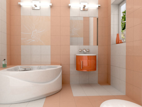 3D rendering of a modern bathroom with glass vanity. The photo on the wall is my own photograph